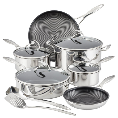 10-Piece Stainless Steel Cookware Set with 2-Piece Bonus Utensil Set, featuring a unique spiral design and advanced SteelShield technology for durability.