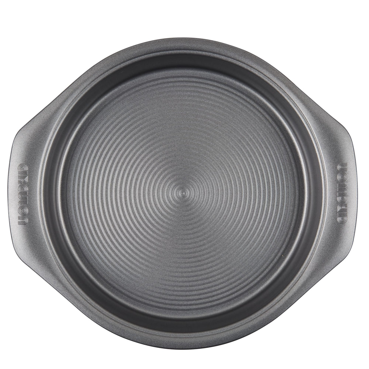 Top view of a round, gray non-stick baking pan with two handles, part of the 5-Piece Nonstick Bakeware Set, crafted from heavy gauge steel to enhance warp resistance.