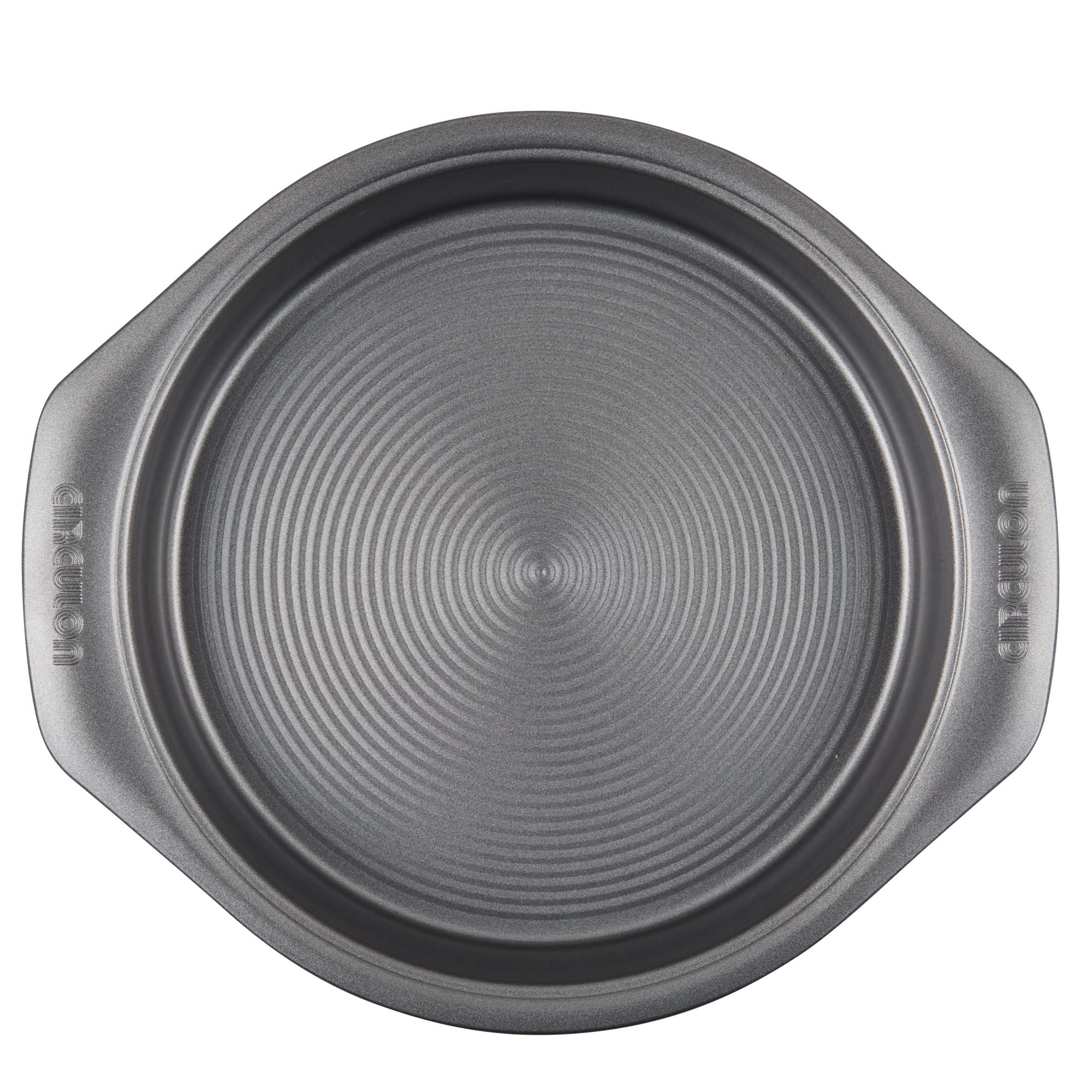 Top view of a round, gray non-stick baking pan with two handles, part of the 5-Piece Nonstick Bakeware Set, crafted from heavy gauge steel to enhance warp resistance.