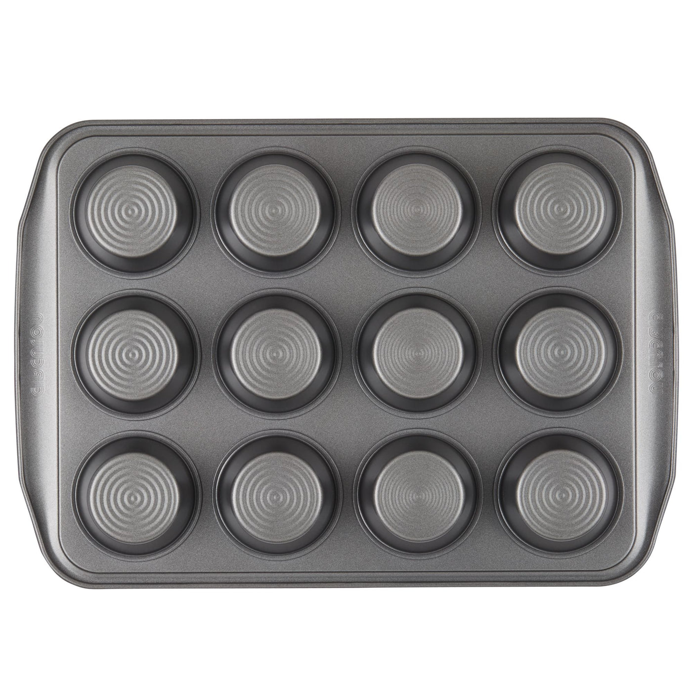The Nonstick Muffin Pan is a 12-cup baking essential, adorned with concentric circle designs and a nonstick surface for easy cleaning. Designed for reliable oven performance, it's perfect for baking muffins or cupcakes.