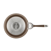 This top-view image shows a piece from the Hard-Anodized Frying Pan Set, featuring a nonstick system and a brown handle.