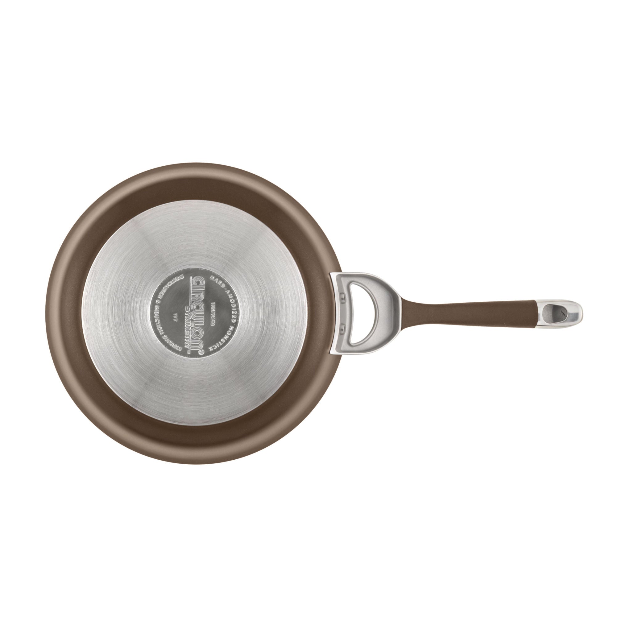This top-view image shows a piece from the Hard-Anodized Frying Pan Set, featuring a nonstick system and a brown handle.