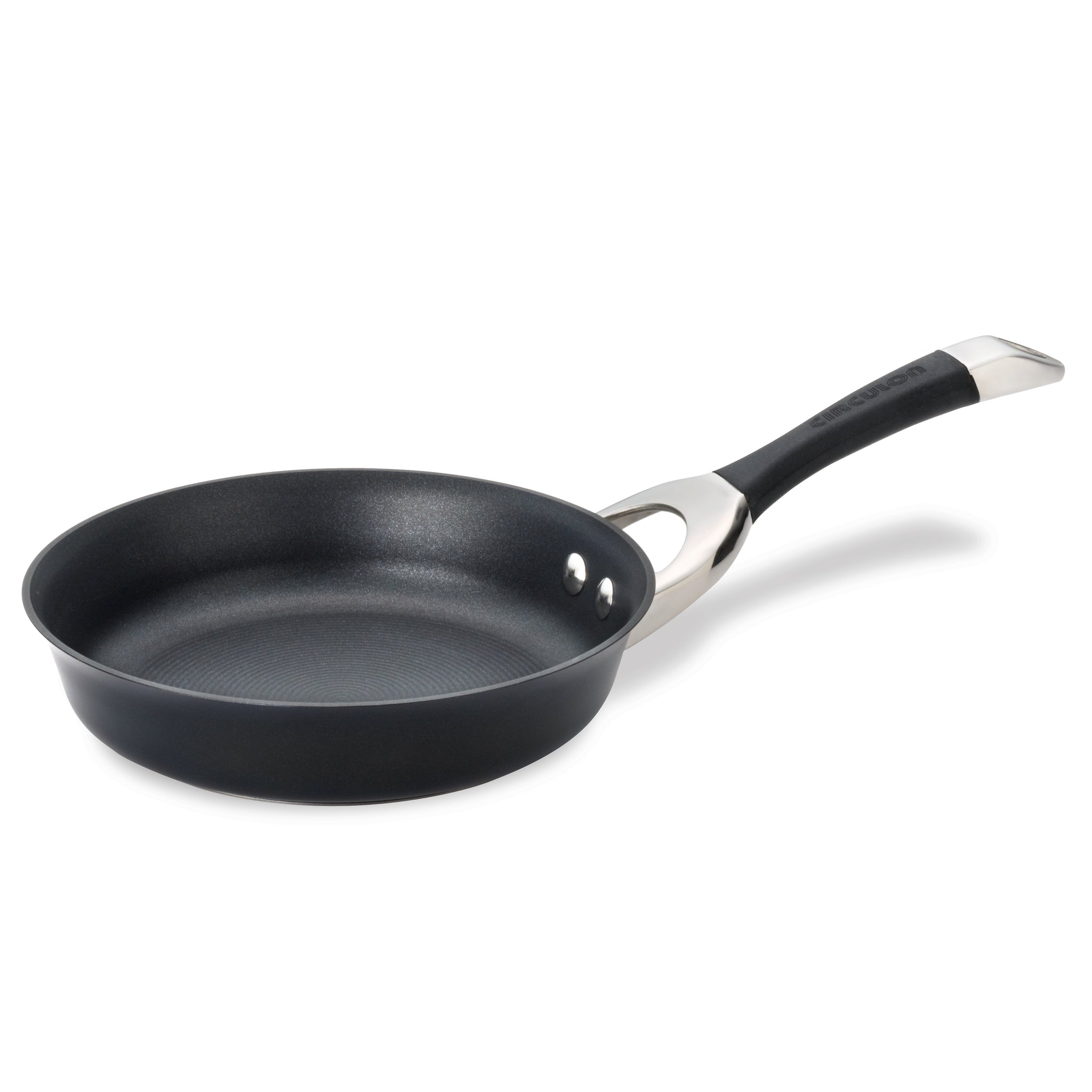 The 8.5-Inch Nonstick Frying Pan is a sleek option featuring a metal and black handle and a hard-anodized nonstick surface, ideal for use on induction stovetops.