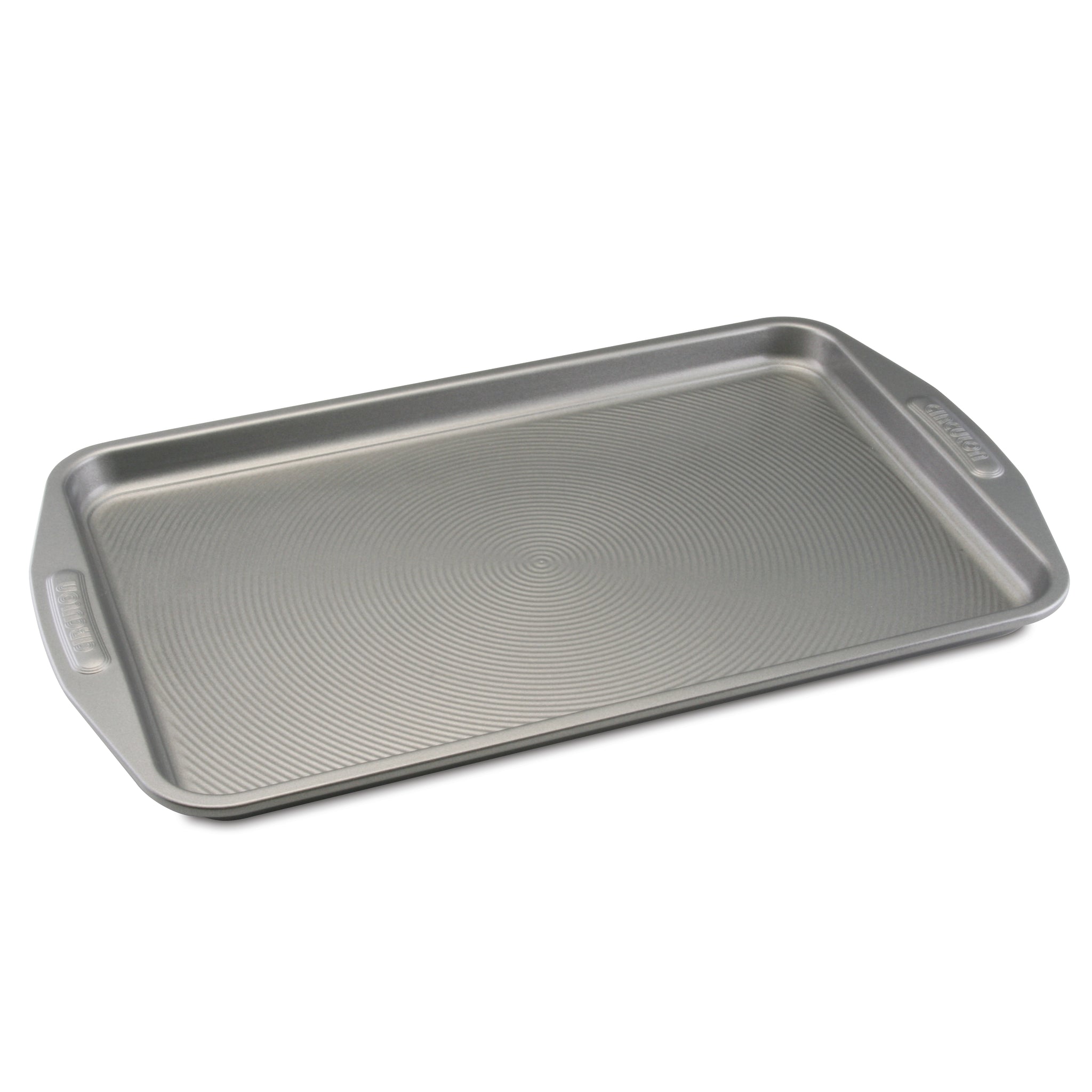 Nonstick Cookie Pan crafted from carbon steel, featuring a rectangular shape with a textured surface and handles for superior heat distribution.