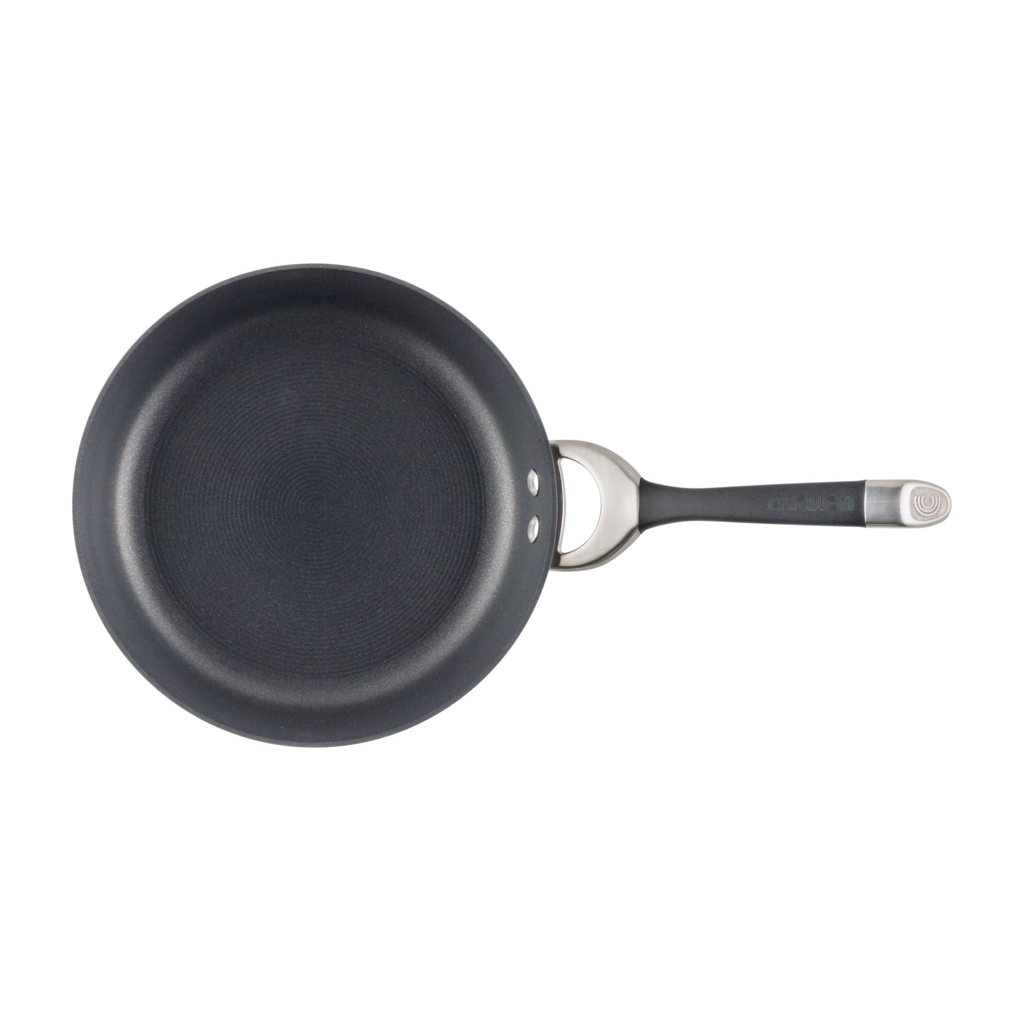 A hard-anodized frying pan with a black finish and metal handle, featuring a nonstick system, displayed on a white background.
