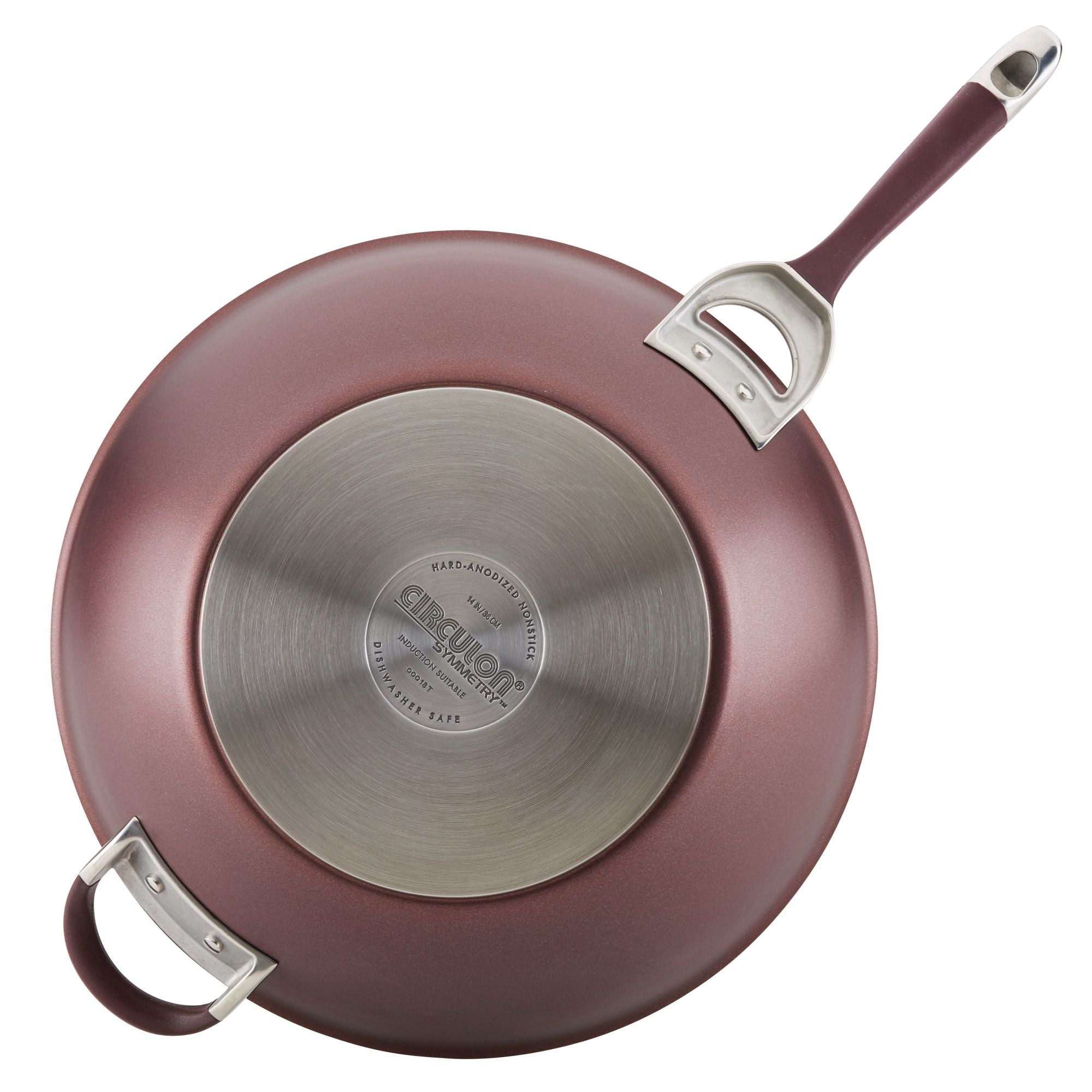 Introducing the 14-Inch Nonstick Stir Fry pan in a stylish maroon exterior, designed with a hard-anodized nonstick surface. It features two convenient handles and a branded base, allowing you to enjoy the effortless cooking made possible by its TOTAL Nonstick System.