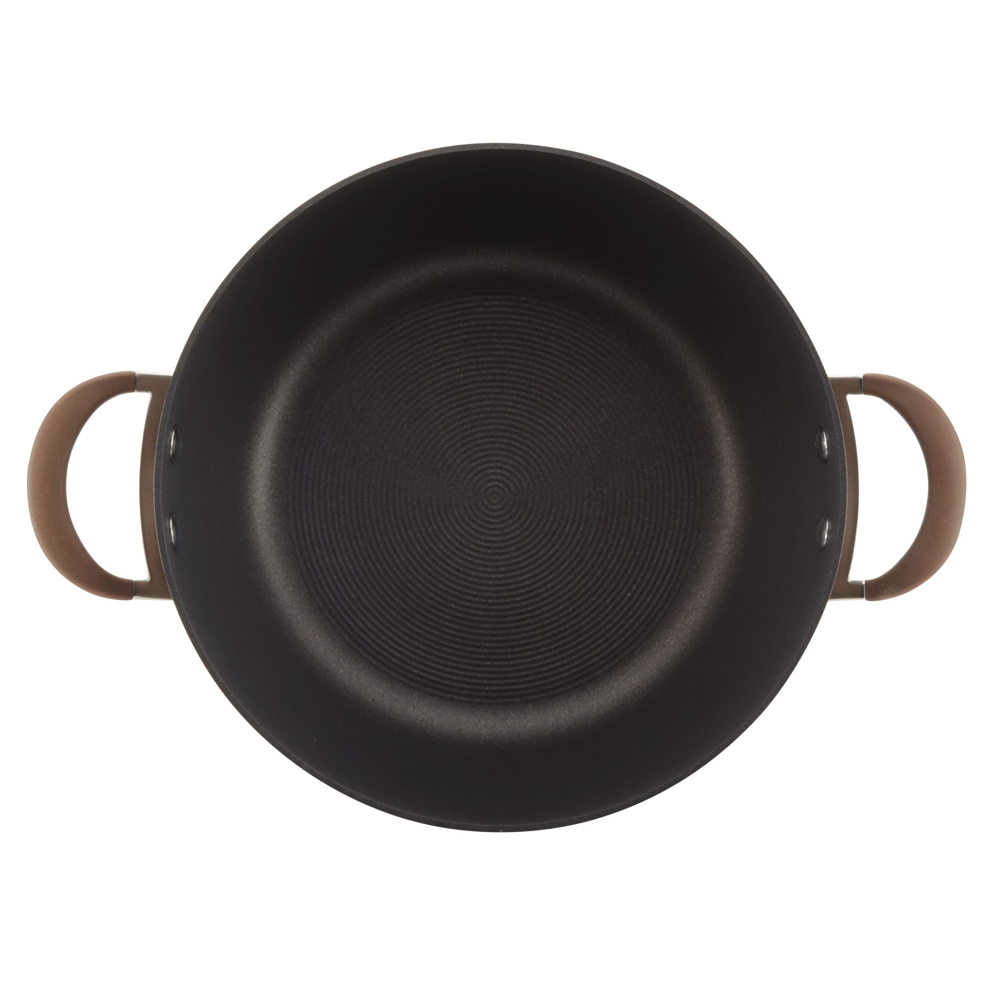 Top view of the 5.5-Quart Nonstick Casserole in black with brown handles, ideal for induction stoves and perfect as a one-pot meal maker.