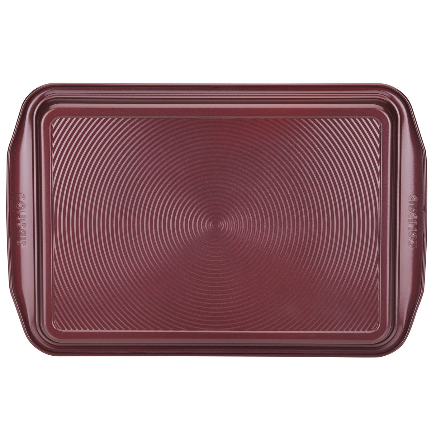 A Nonstick Cookie Pan with a rectangular shape and ridged surface, ideal for the oven, viewed from above.