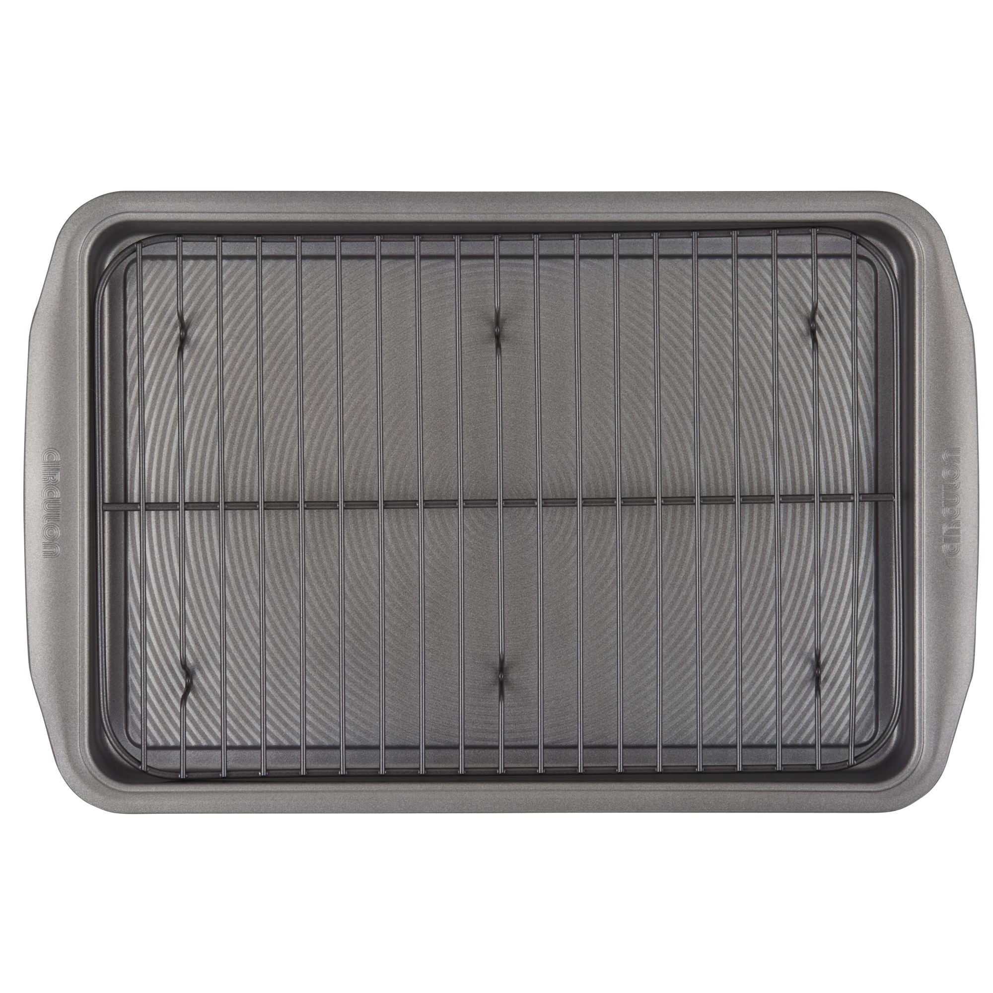 Top view of a nonstick heavy gauge steel baking pan with a wire rack, included in the 10-Piece Nonstick Bakeware Set, designed for easy cleanup.