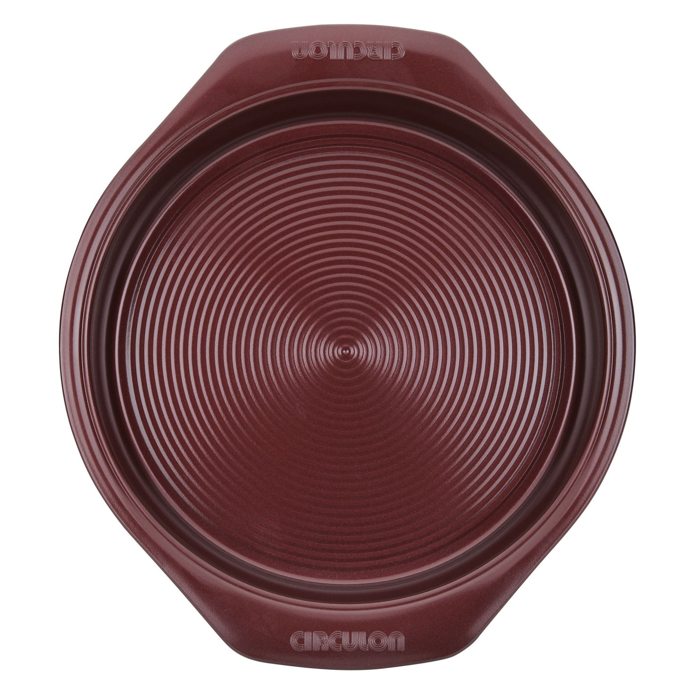 9-Inch Nonstick Round Cake Pan featuring a textured surface and wide handles, ideal for oven-safe baking.