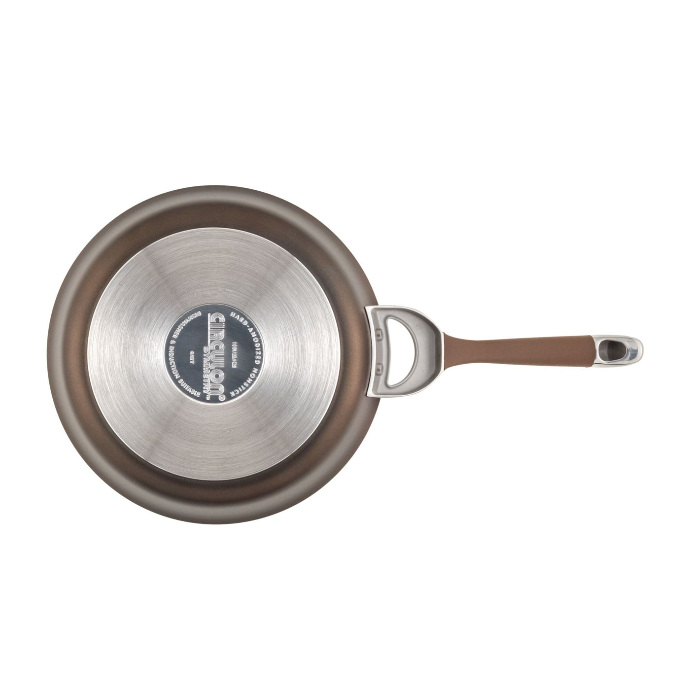 Top view of the Hard-Anodized Frying Pan Set, showcasing a long handle and an advanced nonstick system, safe for induction stovetops.