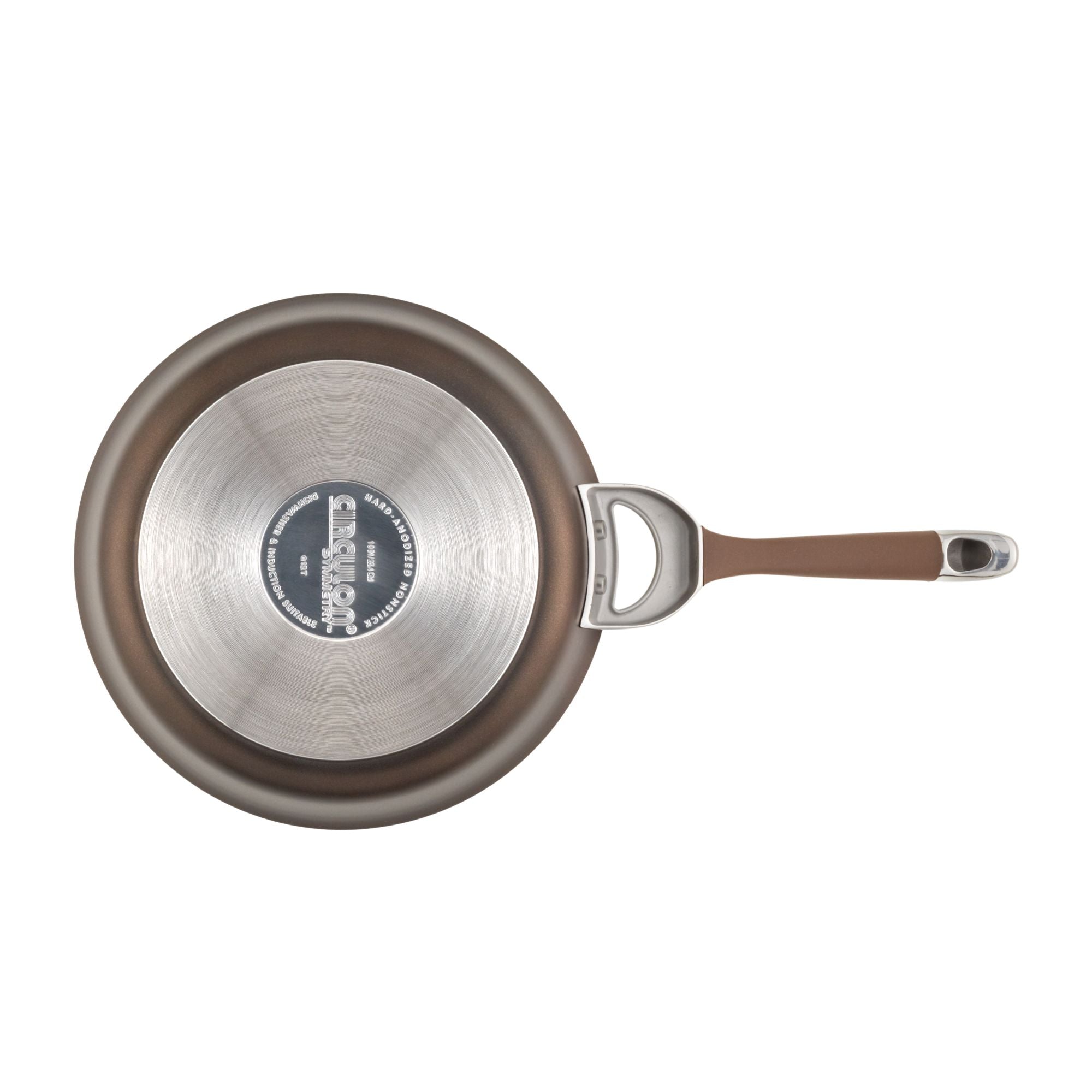 Top view of the Hard-Anodized Frying Pan Set, showcasing a long handle and an advanced nonstick system, safe for induction stovetops.