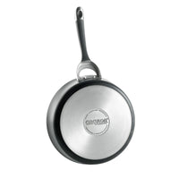 Stainless steel frying pan with black handle, part of the 11-Piece Cookware Set: Nonstick & Hard-Anodized, featuring an induction-suitable cookware design, viewed from the bottom.