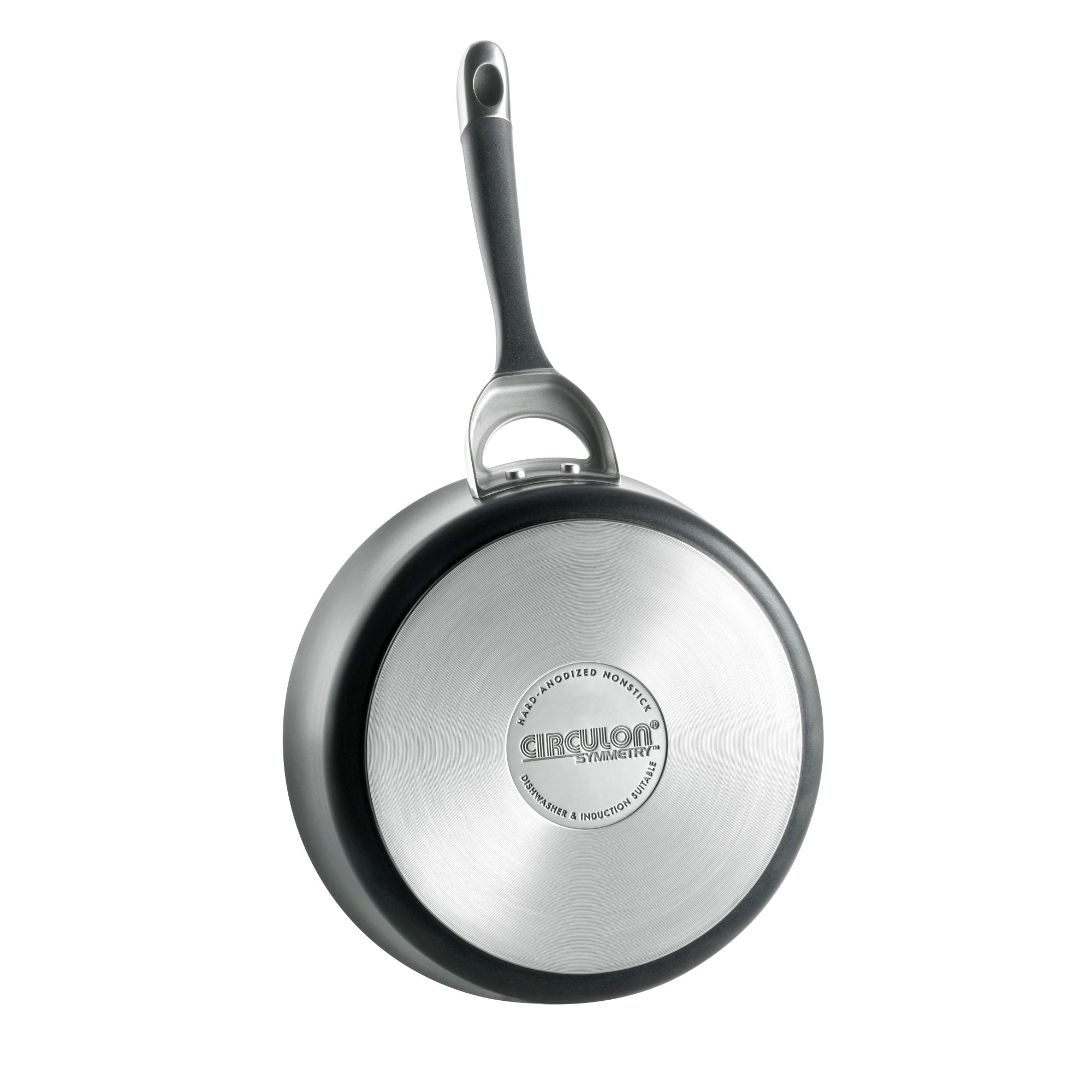 Stainless steel frying pan with black handle, part of the 11-Piece Cookware Set: Nonstick & Hard-Anodized, featuring an induction-suitable cookware design, viewed from the bottom.