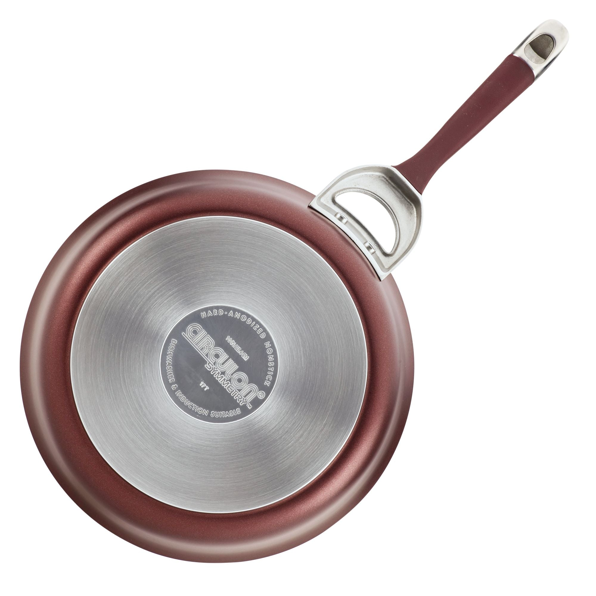 This non-stick frying pan from the 11-Piece Cookware Set: Nonstick & Hard-Anodized showcases a vibrant red exterior and a sleek silver bottom, designed for durability with its hard-anodized construction. Ideal for induction cooking, it ensures even heat distribution and effortless cooking.