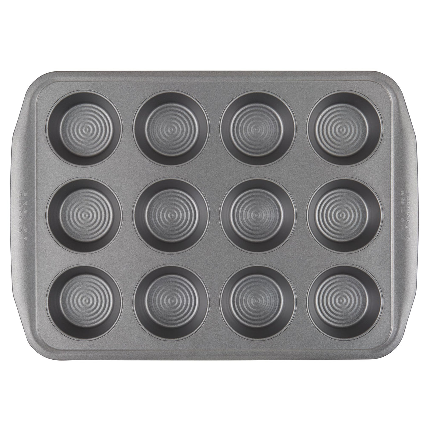 A top-view of a 12-cup Nonstick Muffin Pan that is oven-safe.
