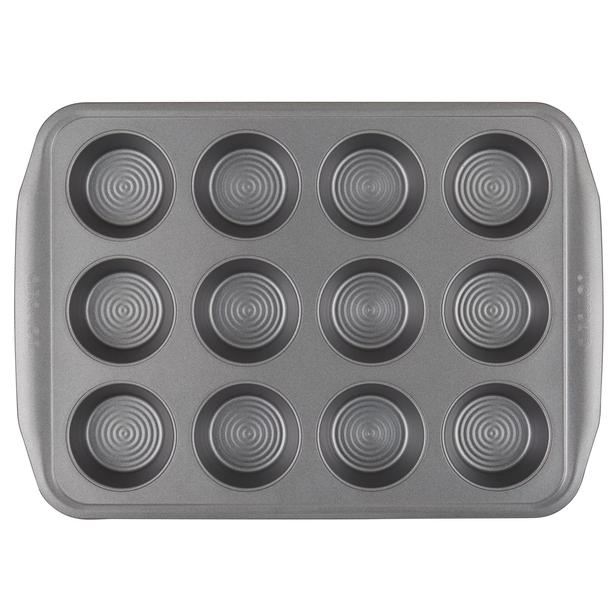 A top-view of a 12-cup Nonstick Muffin Pan that is oven-safe.
