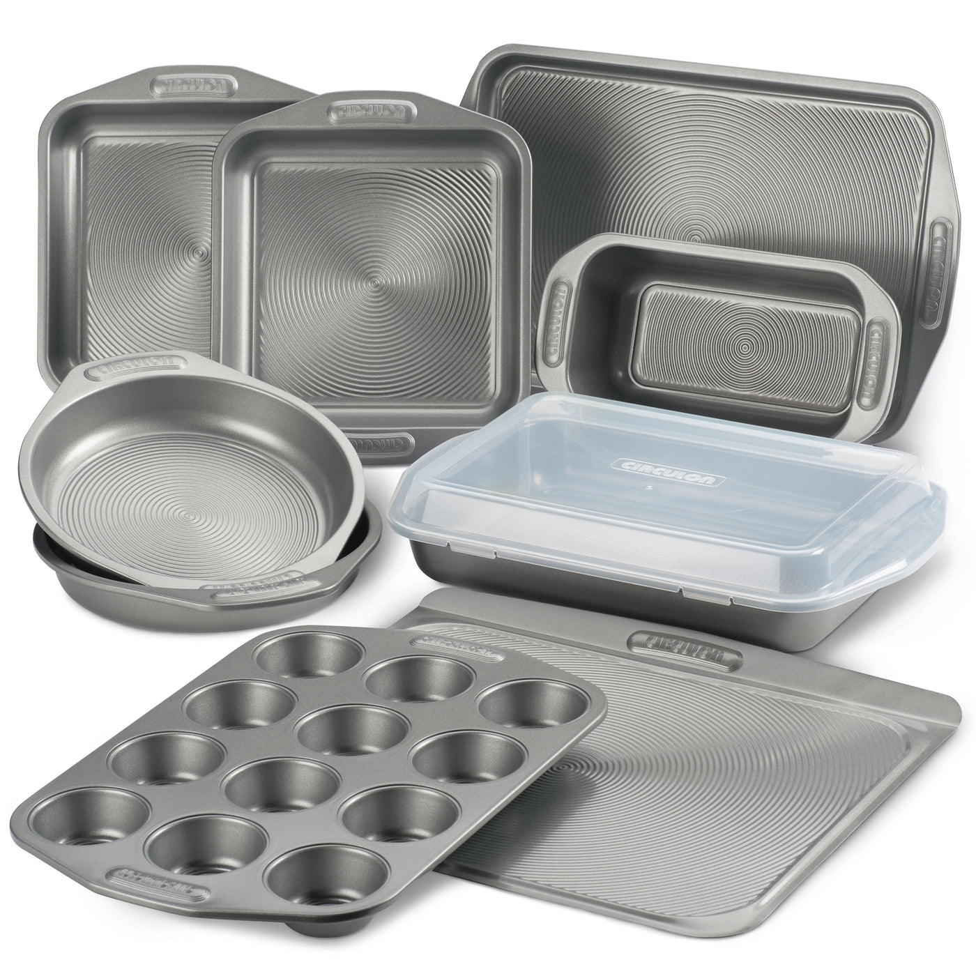 10-Piece Nonstick Bakeware Set, complete with diverse textured baking pans and trays, integrated container lid, solution-driven design, and advanced nonstick technology for seamless baking.