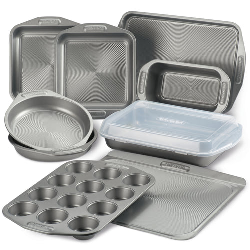 10-Piece Nonstick Bakeware Set, complete with diverse textured baking pans and trays, integrated container lid, solution-driven design, and advanced nonstick technology for seamless baking.
